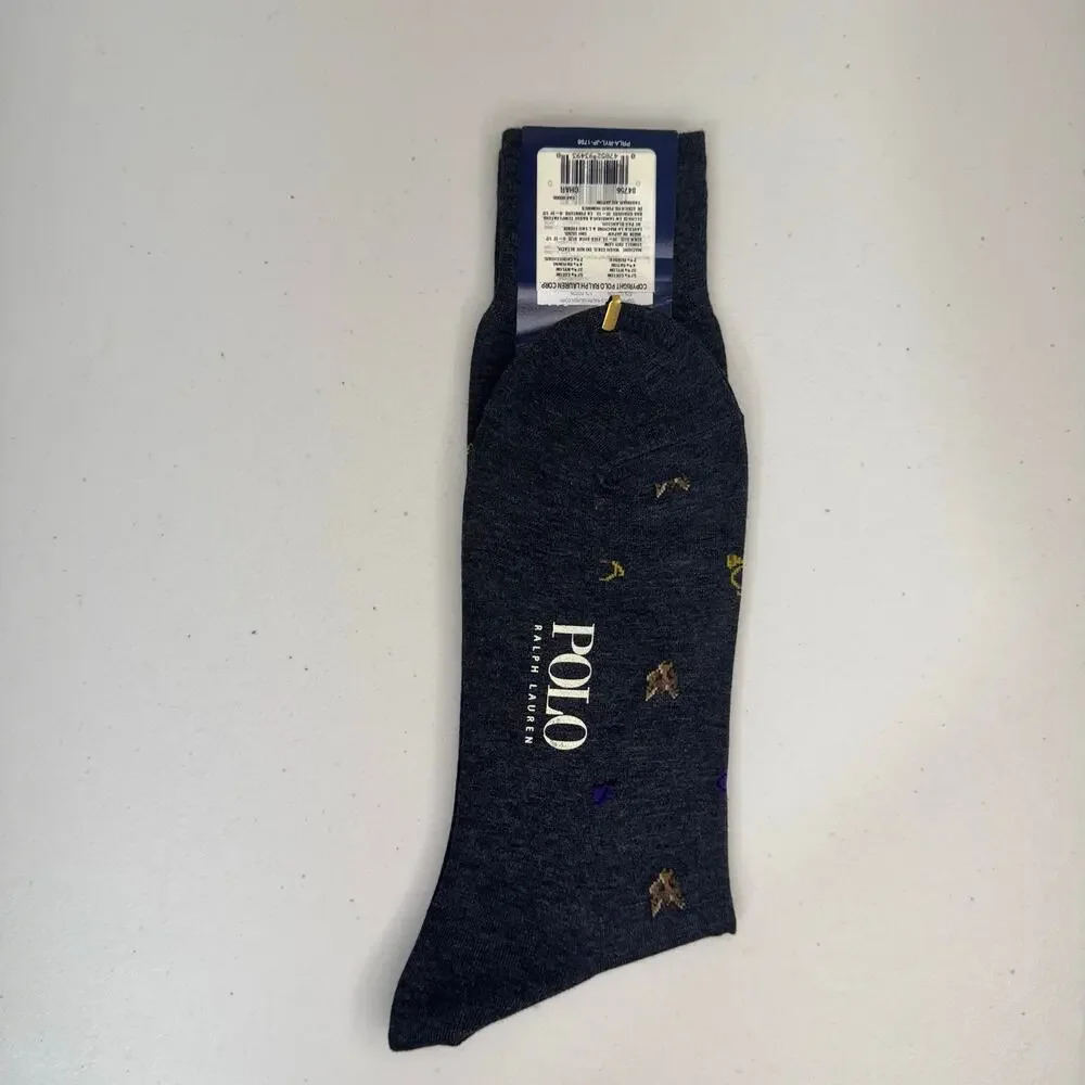 Polo Ralph Lauren Charcoal Gray Cotton Blend Dress Socks Fox Hunt Horn Print VTG